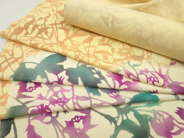 平和屋着物●付下げ 解き反物 型染め 枝花シルエット 御召縮緬 着尺 逸品 CABL2640ju