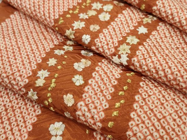 平和屋着物●小紋 解き反物 総絞り 刺繍 楓花文 金糸 着尺 逸品 CABL2653ju