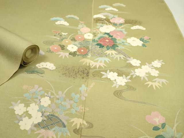 平和屋着物●付下げ 反物 駒刺繍 籬流水草花文 金彩 井藤正製 着尺 逸品 未使用 CABL2684ju