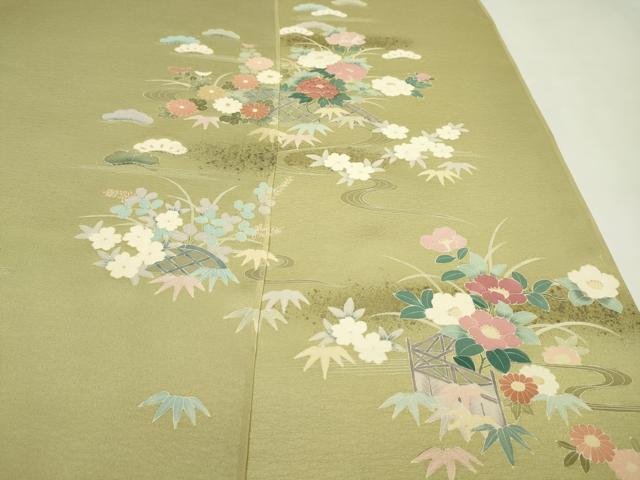 平和屋着物●付下げ 反物 駒刺繍 籬流水草花文 金彩 井藤正製 着尺 逸品 未使用 CABL2684ju