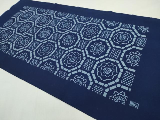 平和屋着物▼和装小物 南部古代型染4点セット バッグ 卓布 テーブルセンター 南部駒曳銭 双鶴 正藍 綿 未使用あり 逸品CABL2747ju