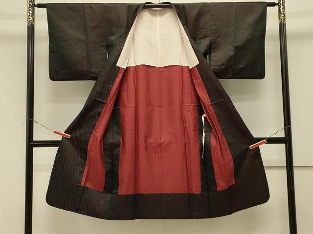 平和屋着物#道行コート 雨コート 単衣 立涌文 黒地 ロング丈 正絹 逸品 CABL2866in