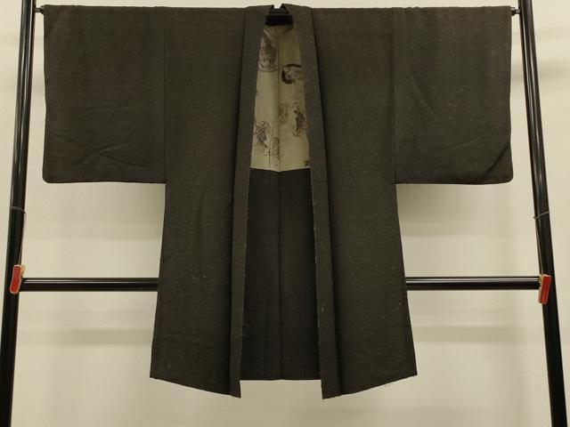 平和屋着物#男性 長羽織 ひげ紬 黒地 正絹 逸品 CABL2911in