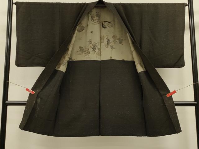 平和屋着物#男性 長羽織 ひげ紬 黒地 正絹 逸品 CABL2911in