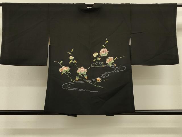 平和屋着物#羽織 刺繍 流水枝花文 黒地 金糸 正絹 逸品 CABL2915in