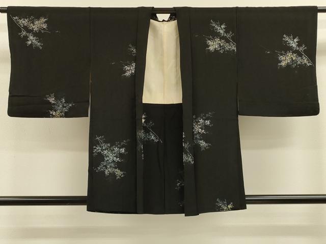 平和屋着物#羽織 寿光織 枝花文 黒地 金糸 正絹 逸品 CABL2922in