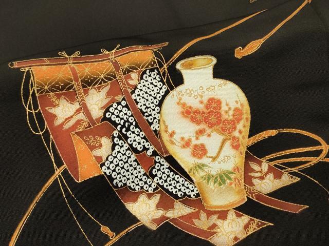平和屋着物#羽織 几帳陶器花文 黒地 金彩 正絹 逸品 CABL2927in