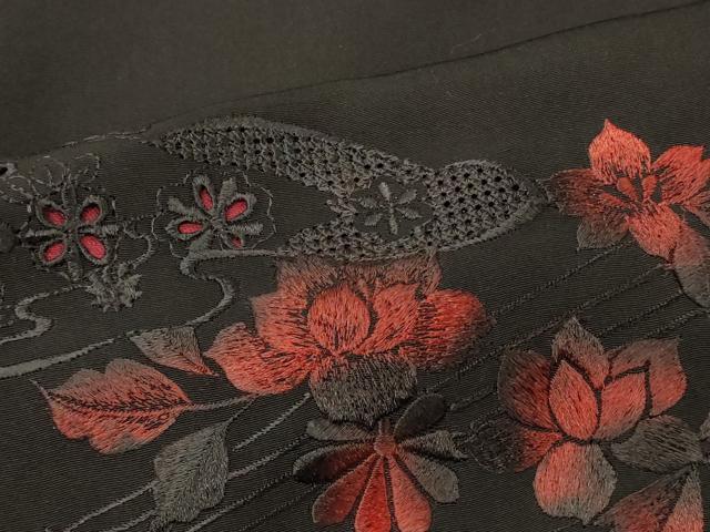 平和屋着物#中国三大刺繍 スワトウ刺繍 総刺繍 羽織 流水花文 黒地 正絹 逸品 CABL2930in