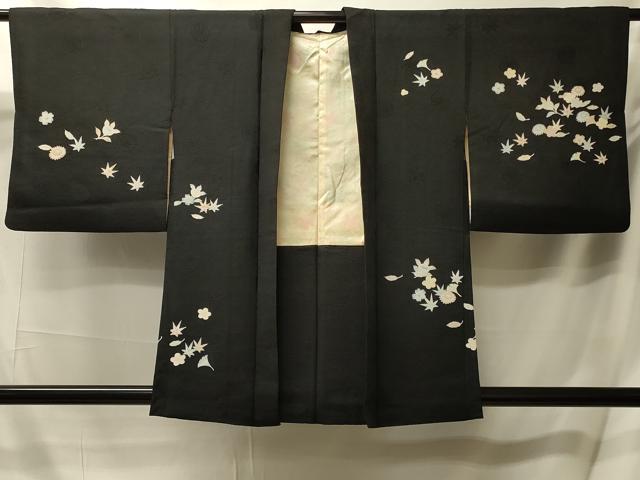 平和屋着物#羽織 刺繍 草花文 黒地 正絹 逸品 CABL2959in