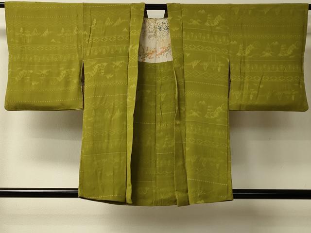 平和屋着物#羽織 色無地 横段風景地紋 黄海松茶色 正絹 逸品 CABL2978in