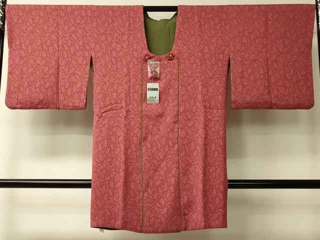 平和屋着物#道行コート リバーシブル 色無地 草花地紋 赤丹色 ロング丈 洗える着物 CABL3000in
