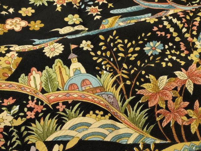 平和屋着物#道行コート 風景草花文 黒地 正絹 逸品 CABL3001in