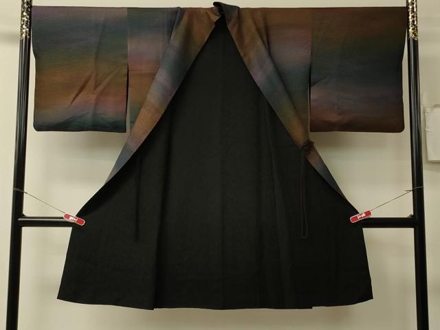 平和屋着物#道中着 リバーシブル 横段霞文 暈し染め 黒地 ロング丈 正絹 逸品 CABL3014in