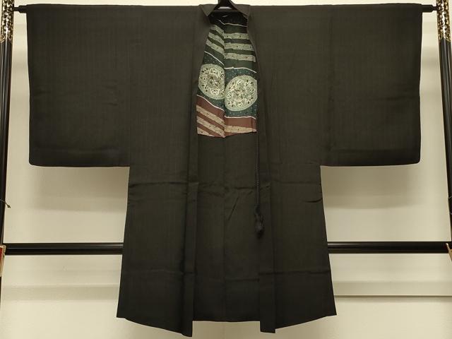 平和屋着物#男性 長羽織 間道 黒地 正絹 逸品 CABL3027in