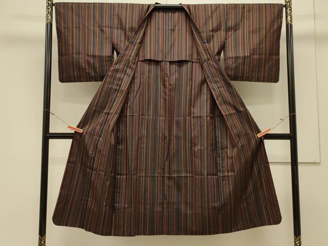 平和屋着物#道行コート 雨コート 単衣 縞 黒地 ロング丈 正絹 逸品 CABL3036in