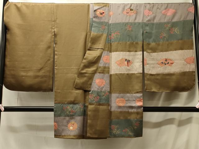平和屋着物▼創作着物 訪問着 駒刺繍 絞り 横段草花文 金彩 正絹 逸品 未使用 CABL3077in