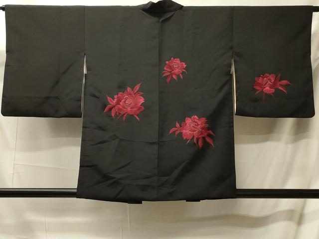 平和屋着物#羽織 総刺繍 草花文 黒地 銀糸 正絹 逸品 CABL3079in