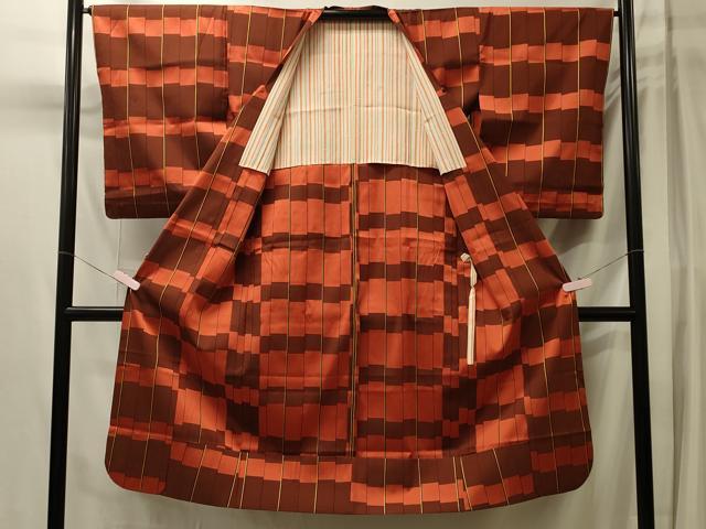 平和屋着物#道行コート 雨コート 単衣 変わり格子 ロング丈 正絹 逸品 CABL3101in