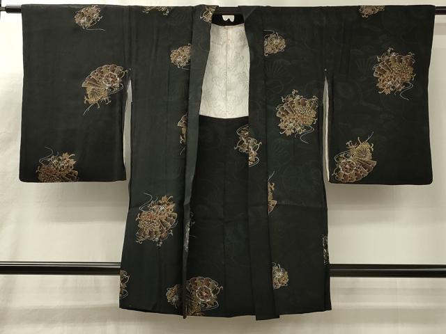 平和屋着物#羽織 檜扇草花文 黒地 金銀彩 正絹 逸品 CABL3191in