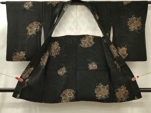 平和屋着物#羽織 檜扇草花文 黒地 金銀彩 正絹 逸品 CABL3191in