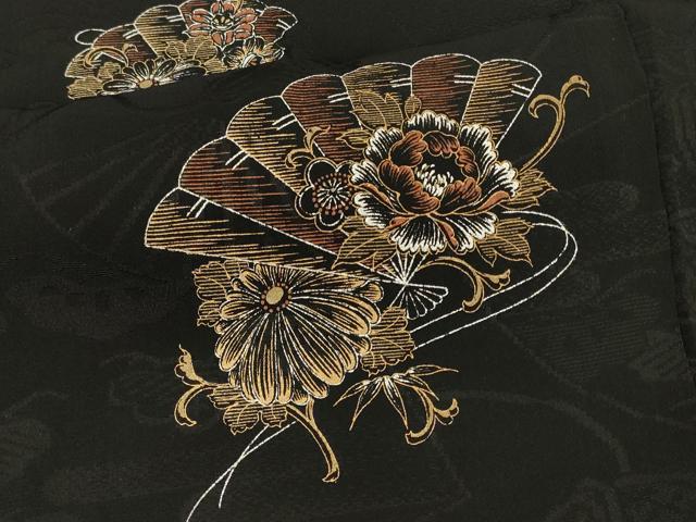 平和屋着物#羽織 檜扇草花文 黒地 金銀彩 正絹 逸品 CABL3191in