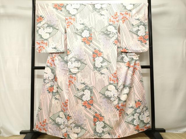 平和屋着物■上質な小紋 扇面草花文 藤花房 正絹 逸品 CABL3279ev