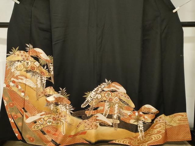 平和屋着物■豪華黒留袖 駒刺繍 松花丸文 藤花房 暈し染め 金彩 正絹 逸品 CABL3358ev