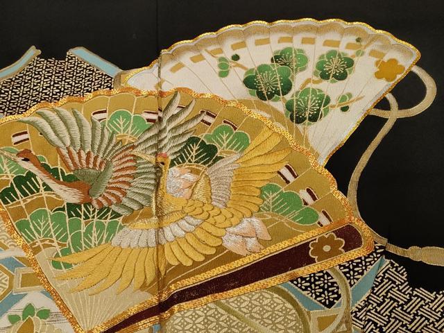 平和屋着物■豪華黒留袖 駒刺繍 天井檜扇飛鶴花文 金彩 正絹 逸品 CABL3408ev