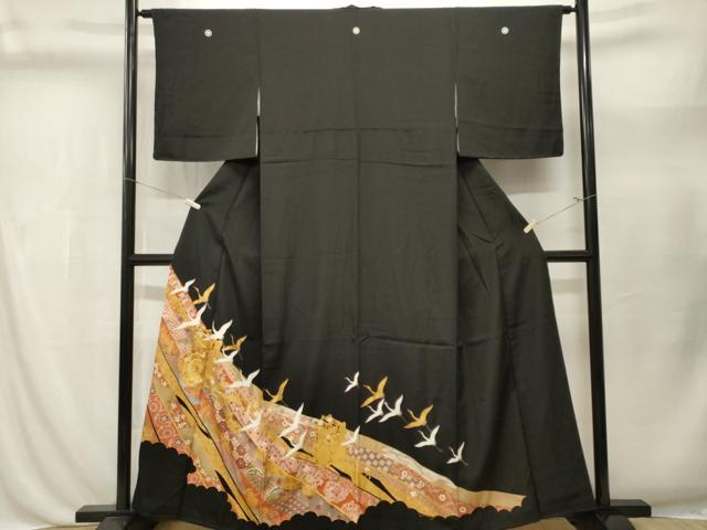 平和屋着物■豪華黒留袖 駒刺繍 御所車飛鶴吉祥花文 金彩 正絹 逸品 CABL3462ev