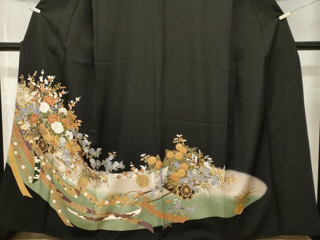 平和屋着物■豪華黒留袖 鬘帯花車文 花籠文 暈し染め 金彩 正絹 逸品 CABL3464ev
