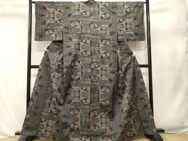 平和屋着物■本場大島紬 切嵌更紗花文 正絹 逸品 CABL3469ev