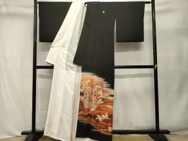 平和屋着物■豪華黒留袖 作家物 駒刺繍 几帳飛鶴流水草花文 暈し染め 金銀彩 正絹 逸品 CABL3540ev