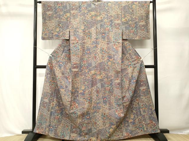 平和屋着物■上質な小紋 紬地 陶器絵皿更紗枝花文 正絹 逸品 CABL3598ev