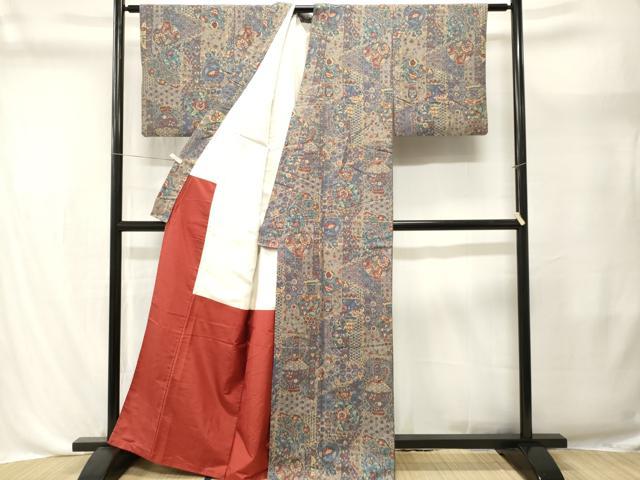 平和屋着物■上質な小紋 紬地 陶器絵皿更紗枝花文 正絹 逸品 CABL3598ev