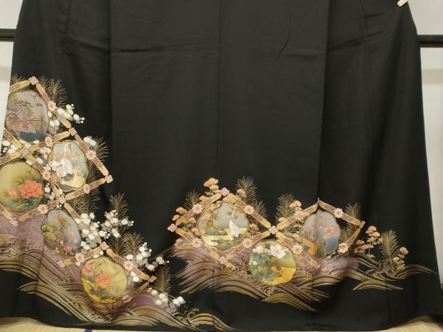 平和屋着物■豪華黒留袖 駒刺繍 天井群鶴草花文 暈し染め 金彩 正絹 逸品 CABL3620ev