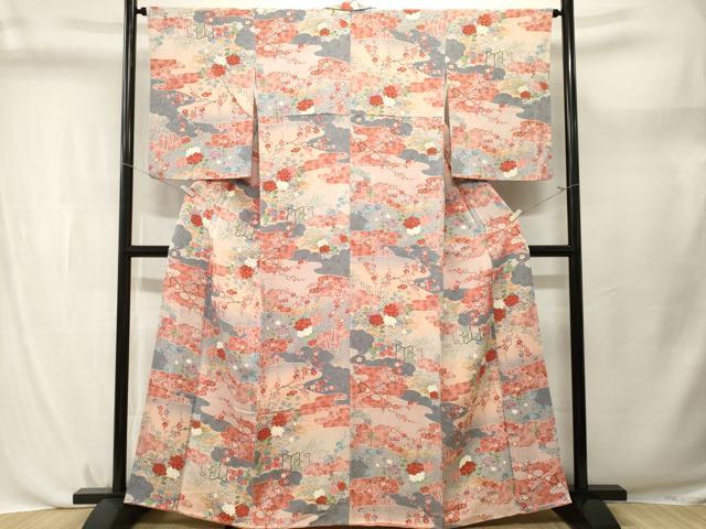 平和屋着物■上質な小紋 流水草花文 暈し染め 金彩 鬼しぼ縮緬 正絹 逸品 CABL3730ev