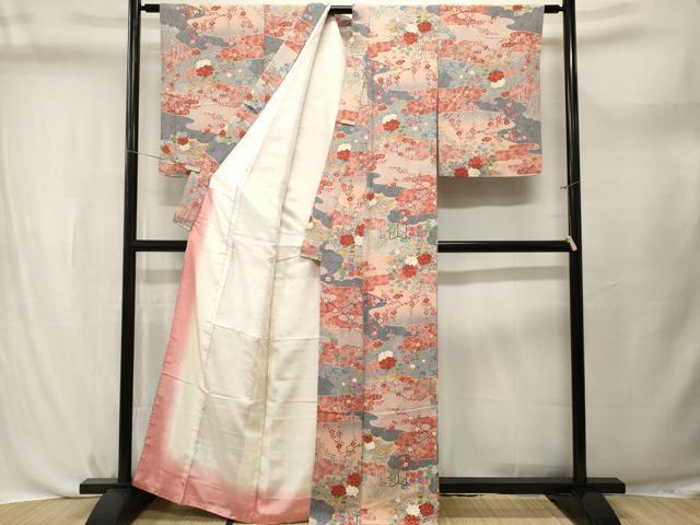 平和屋着物■上質な小紋 流水草花文 暈し染め 金彩 鬼しぼ縮緬 正絹 逸品 CABL3730ev