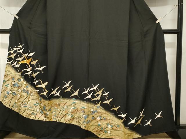平和屋着物■豪華黒留袖 駒刺繍 飛鶴草花文 金銀彩 正絹 逸品 CABL3757ev