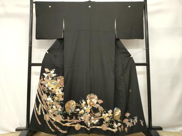 平和屋着物■豪華黒留袖 作家物 刺繍 鬘帯扇面群鶴花文 金彩 正絹 逸品 CABL3765ev