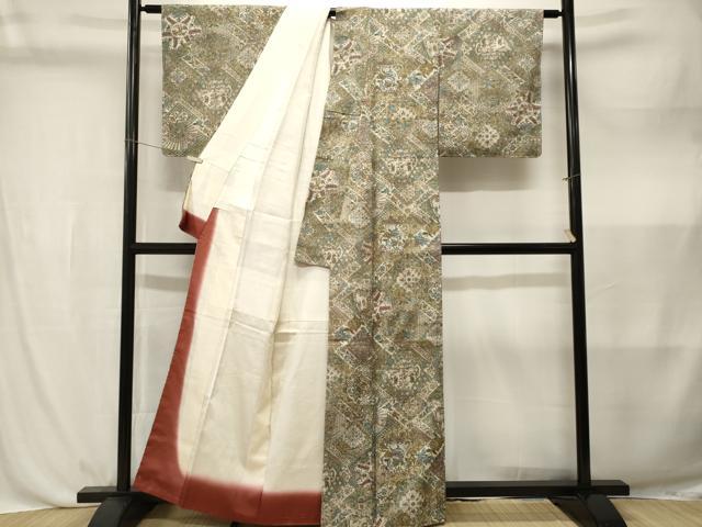 平和屋着物■上質な小紋 紬地 人物切嵌更紗花鳥文 正絹 逸品 CABL3833ev