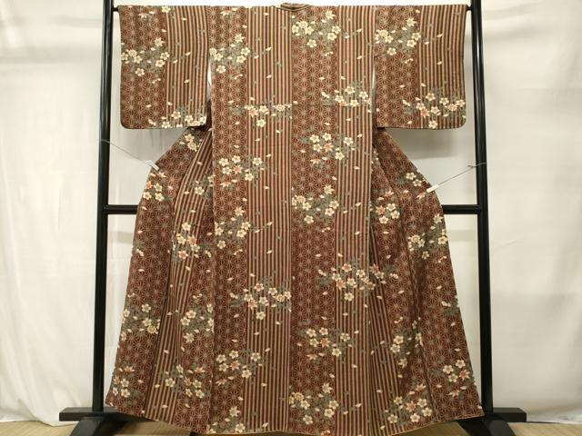 平和屋着物■上質な小紋 麻の葉草花間道 正絹 逸品 CABL3879ev