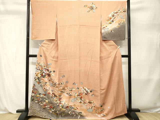 平和屋着物■訪問着 地紙重ね飛鶴草花文 暈し染め 金銀彩 正絹 逸品 CABL3893ev