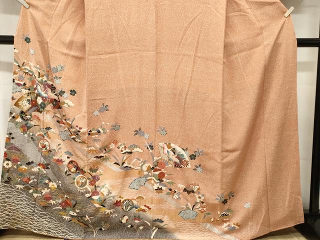 平和屋着物■訪問着 地紙重ね飛鶴草花文 暈し染め 金銀彩 正絹 逸品 CABL3893ev