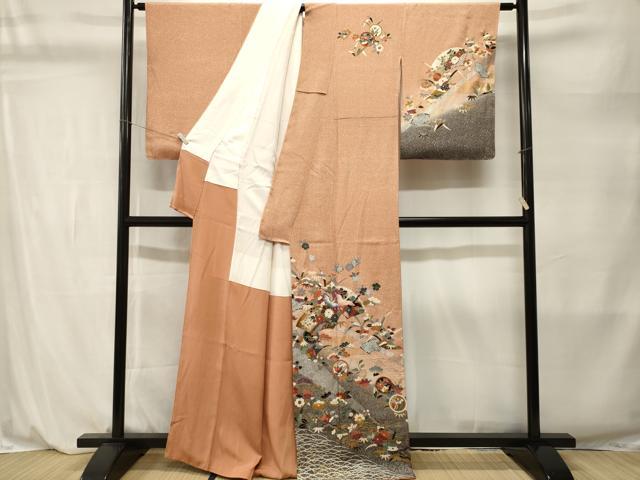 平和屋着物■訪問着 地紙重ね飛鶴草花文 暈し染め 金銀彩 正絹 逸品 CABL3893ev