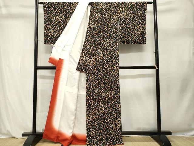 平和屋着物■小紋 雲取り枝花文 黒地 洗える着物 CABL3912ev