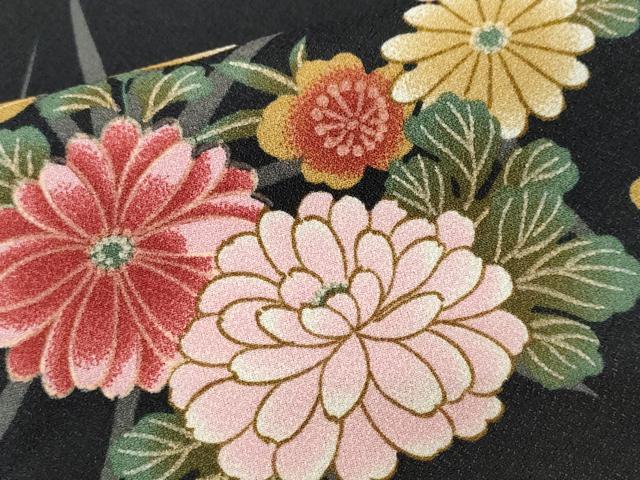 平和屋着物■小紋 麻の葉草花文 黒地 洗える着物 CABL3932ev