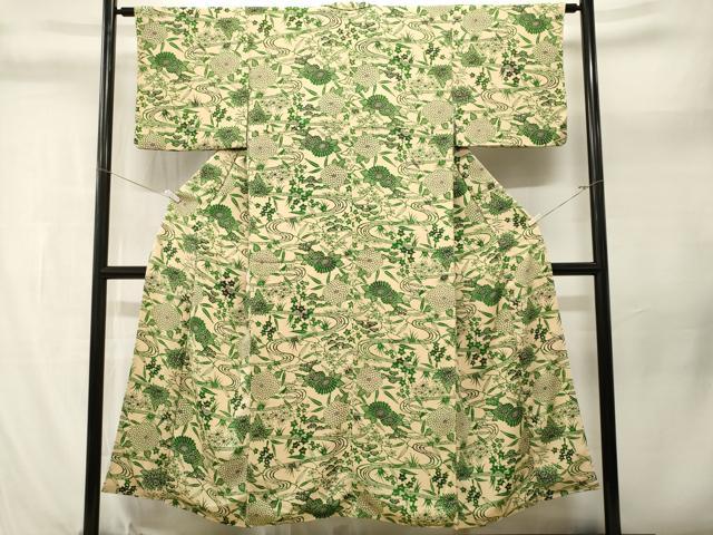 平和屋着物■上質な小紋 型染め 流水草花文 鬼しぼ縮緬 正絹 逸品 CABL3936ev