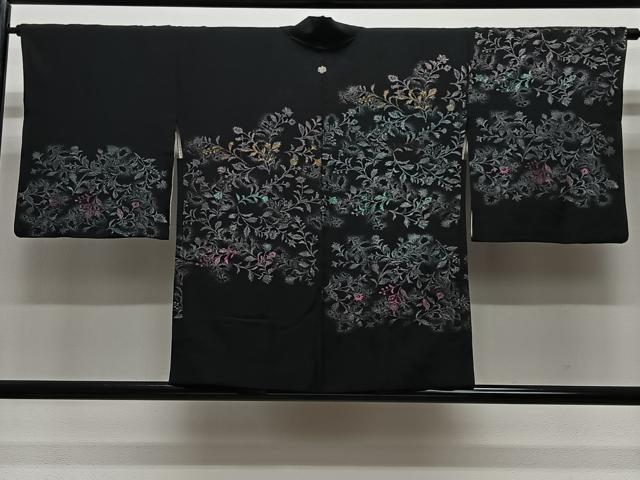 平和屋着物#羽織 寿光織 草花文 黒地 金銀糸 正絹 逸品 CABL4038ua