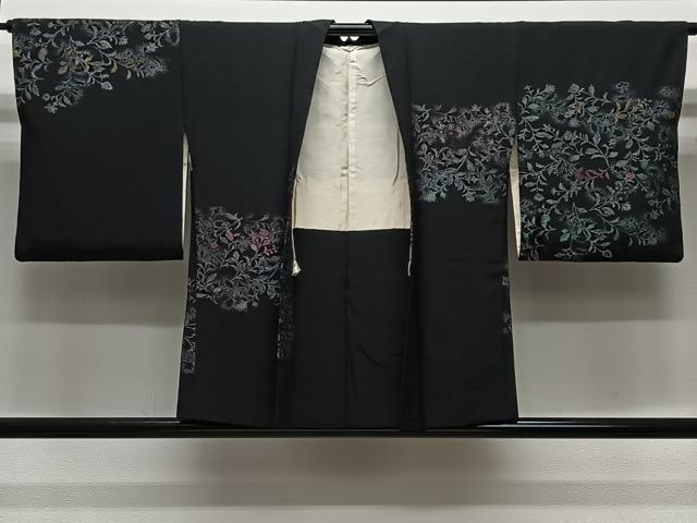 平和屋着物#羽織 寿光織 草花文 黒地 金銀糸 正絹 逸品 CABL4038ua