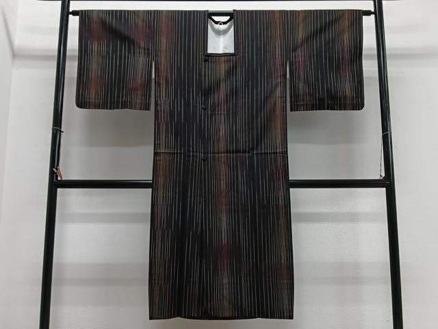 平和屋着物#道行コート 雨コート 縞 黒地 ロング丈 正絹 逸品 CABL4056ua